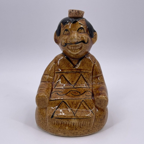 Brown Ceramic Mexican 6" Tequila Decanter Man Sitting Smiling Decorative Glazed - Picture 1 of 12